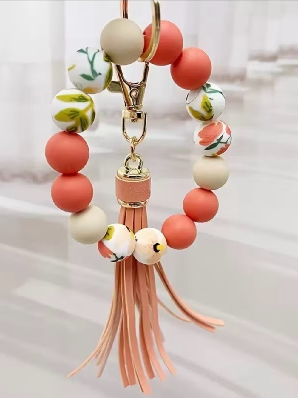 Peach Floral Beaded Tassel Key & Card Holder Bracelet